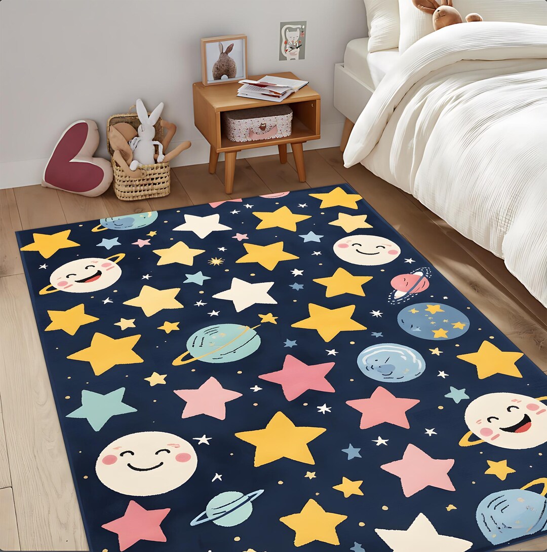 Cute Space Theme Kids Rug, Navy Blue Star and Planet Playroom Carpet ...
