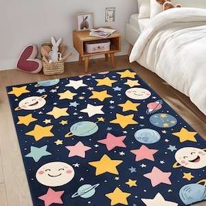 Cute Space Theme Kids Rug, Navy Blue Star And Planet Playroom Carpet, Soft Galaxy Nursery Area Rug, Fun Bedroom Decor For Boys And Girls