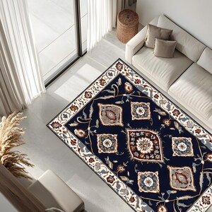 Traditional Persian Rug, Vintage Floral Area Rug, Navy Blue Oriental Carpet, Boho Farmhouse Home Decor, Living Room Medallion Rug, Large Rug