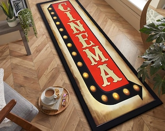 Alfombra de pasillo de cine retro para decoración de cine en casa, alfombra de pasillo con marquesina de película vintage, tapete largo con acento para amantes del cine.