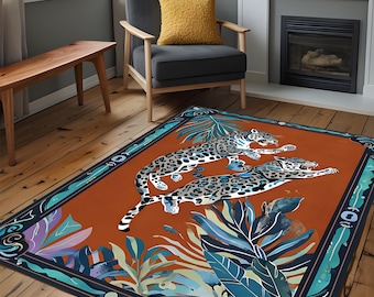 Luxury Jungle Leopard Rug, Large Area Rug For Living Room, Boho Animal Print Carpet, Modern Tropical Home Decor, Soft Indoor Floor Mat