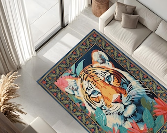 Tiger Area Rug for Living Room, Boho Jungle Decor Carpet, Colorful Animal Print Rug, Bold Statement Floor Art for Home Interiors