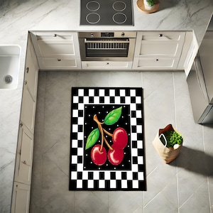 Cherry Kitchen Rug With Checkered Border, Retro Fruit Floor Mat For Cooking Space, Cute Red Non Slip Rug, Gift For Foodie Or Chef