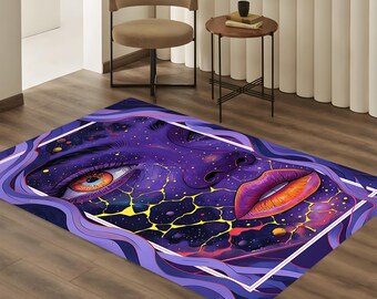Psychedelic Abstract Art Rug For Living Room, Colorful Cosmic Face Design, Unique Space Home Decor, Gift For Art Lovers, Boho Style Carpet