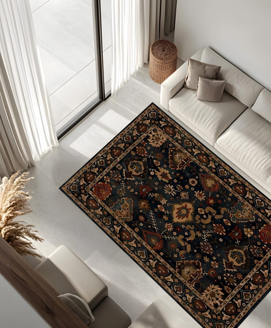Vintage Persian Inspired Rug, Dark Oriental Floral Carpet, Traditional ...
