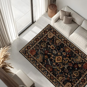 Vintage Persian Style Area Rug, Dark Oriental Floral Carpet, Traditional Boho Rug For Living Room, Large Decorative Floor Mat, Home Décor