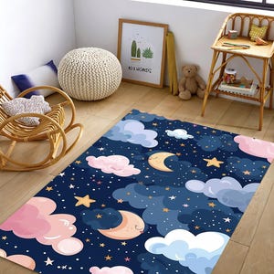 Alfombra infantil con diseño de cielo nocturno, luna y estrellas, suave alfombra de juegos para la habitación de los niños o la guardería, bonita alfombra de nubes, regalo para bebé o niño.