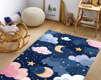 Night Sky Kids Rug With Moon And Stars, Soft Playroom Rug For Toddler Room Or Nursery Decor, Cute Cloud Area Rug, Gift For Baby Girl Or Boy