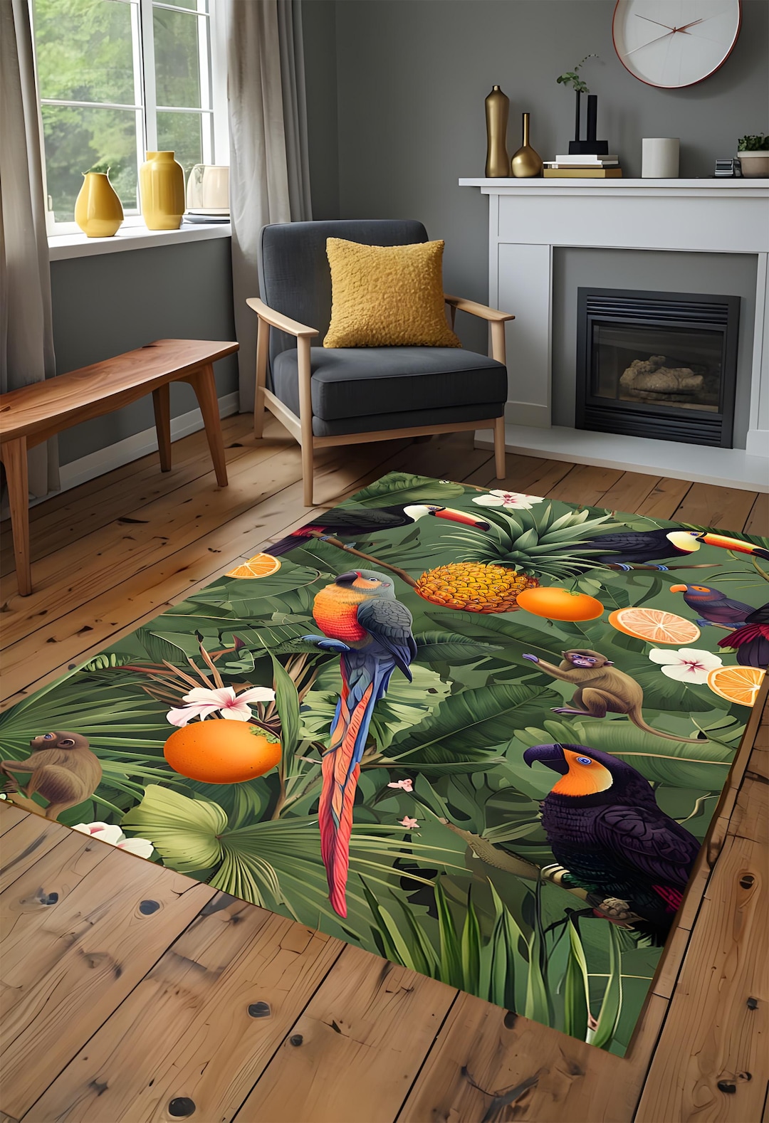 Tropical Jungle Area Rug With Parrots, Exotic Bird Print Carpet ...