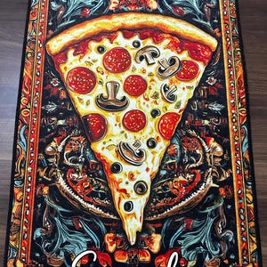 May include: A slice of pizza with pepperoni, mushrooms, and black olives is depicted in a vintage style, surrounded by ornate floral and scrollwork designs. The image has a dark background with vibrant colors and a "Sample" text at the bottom.