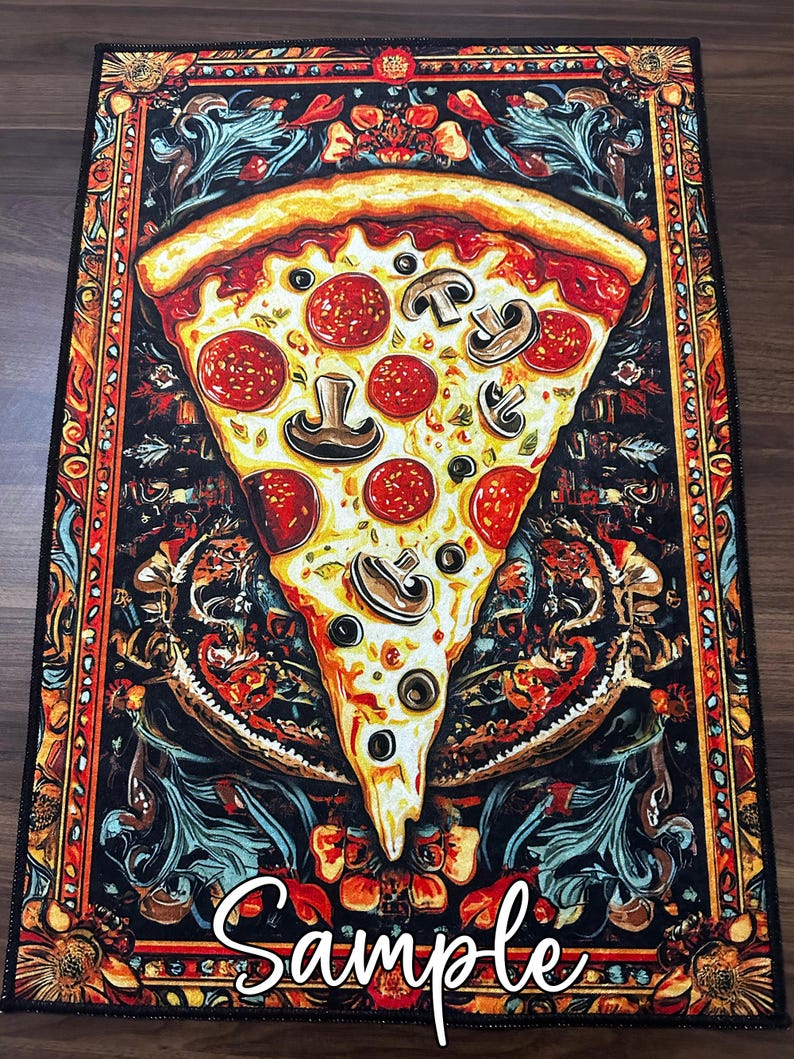 May include: A slice of pizza with pepperoni, mushrooms, and black olives is depicted in a vintage style, surrounded by ornate floral and scrollwork designs. The image has a dark background with vibrant colors and a "Sample" text at the bottom.