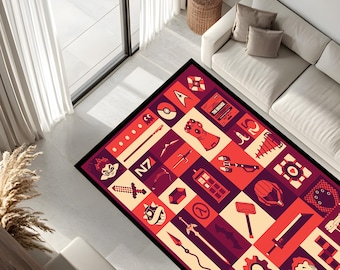 Op de afbeelding: Een rechthoekig vloerkleed met een zwarte rand, met een patchwork-ontwerp van videogame- en popcultuuriconen in tinten rood, crème en paars. Het vloerkleed bevat afbeeldingen van een handschoen, een hamer en een vault boy.