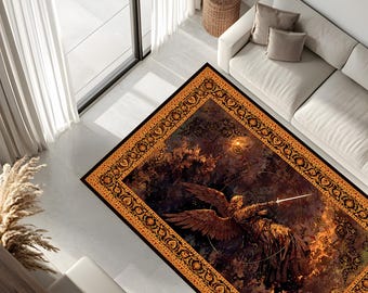 May include: Rectangular area rug featuring a detailed illustration of an angel with a sword, set against a backdrop of swirling clouds and fiery hues. The rug has a decorative border in shades of gold and brown, adding a touch of elegance.