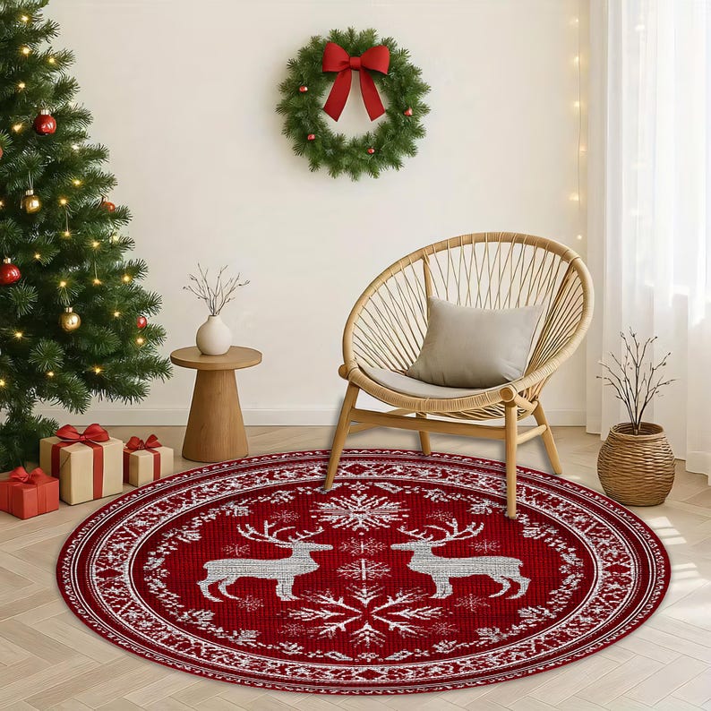 Red Christmas Reindeer Round Rug, Nordic Knit Pattern Carpet, Snowflake ...