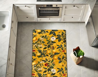 Zitronen-Küchenteppich rutschfeste botanische Bodenmatte, Zitrusfrucht-Küchendekor, Sommer-Hausakzent, Geschenk für Mutter, Housewarminggeschenk