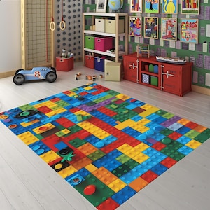 Colorful Building Block Kids Rug, Playroom Carpet, Soft Lego-Inspired Mat, Fun Toddler Floor Rug, Bright Nursery Decor,Boys Bedroom Play Mat