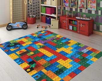 Colorful Building Block Kids Rug, Playroom Carpet, Soft Lego-Inspired Mat, Fun Toddler Floor Rug, Bright Nursery Decor,Boys Bedroom Play Mat