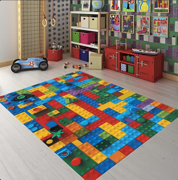 Colorful Building Block Kids Rug, Playroom Carpet, Soft Lego-Inspired Mat,  Fun Toddler Floor Rug, Bright Nursery Decor,Boys Bedroom Play Mat
