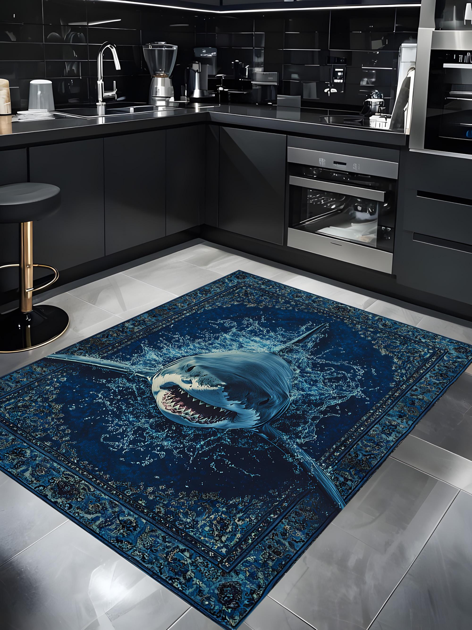 リビングルーム用3Dシャークラグ - 深海のグレートホワイトカーペット