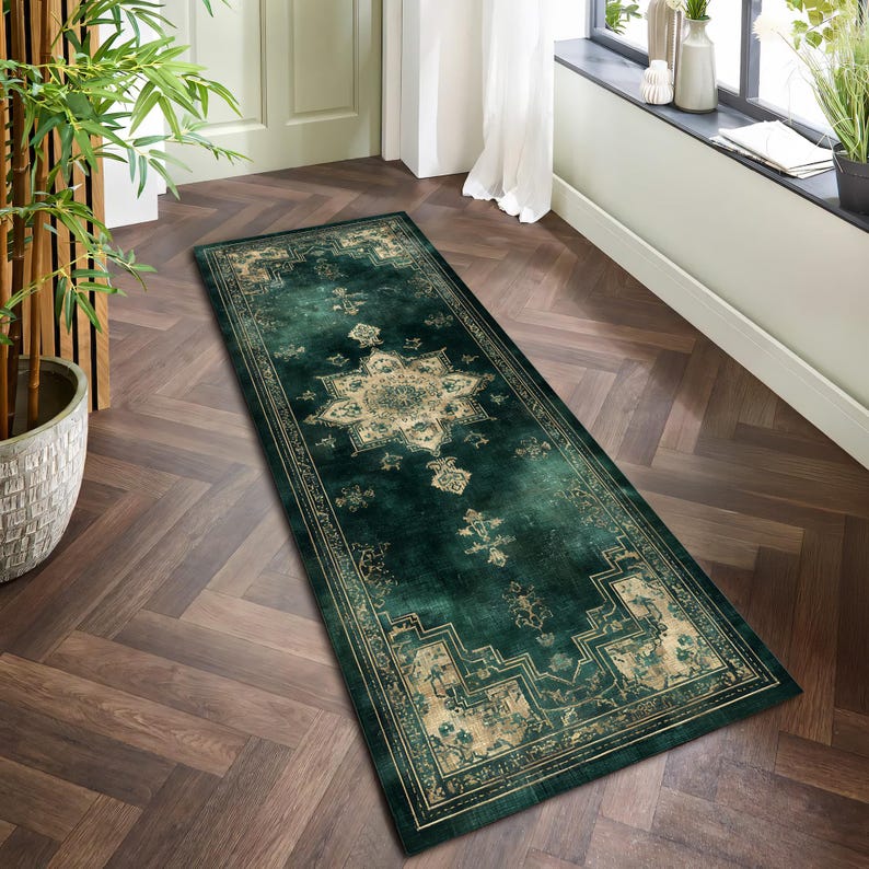 Emerald Green Vintage Style Runner Rug, Boho Hallway Carpet, Distressed ...