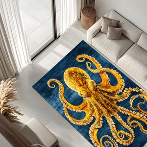Octopus Rug For Living Room, Nautical Sea Life Area Rug, Bold Coastal Home Decor Accent, Unique Ocean Themed Gift For Beach House