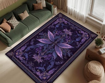 May include: A rectangular area rug with a dark purple background and a large, stylized purple flower design in the center. The rug features intricate floral and foliate patterns in shades of purple and blue, creating a decorative floor covering.