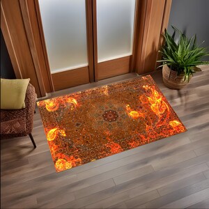 May include: A traditional Persian rug with intricate patterns and designs in shades of orange, yellow, and brown. The rug is illuminated with a fiery glow, creating a dramatic effect.