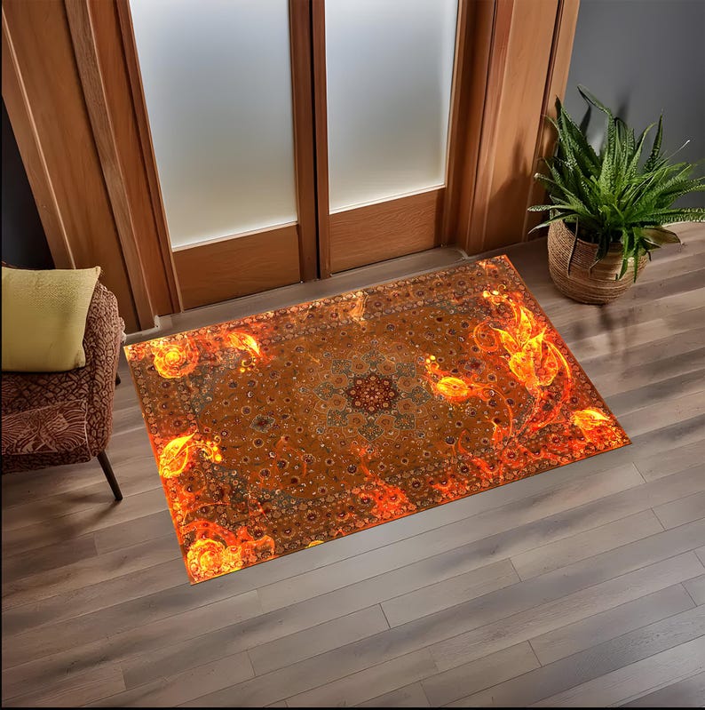 May include: A traditional Persian rug with intricate patterns and designs in shades of orange, yellow, and brown. The rug is illuminated with a fiery glow, creating a dramatic effect.