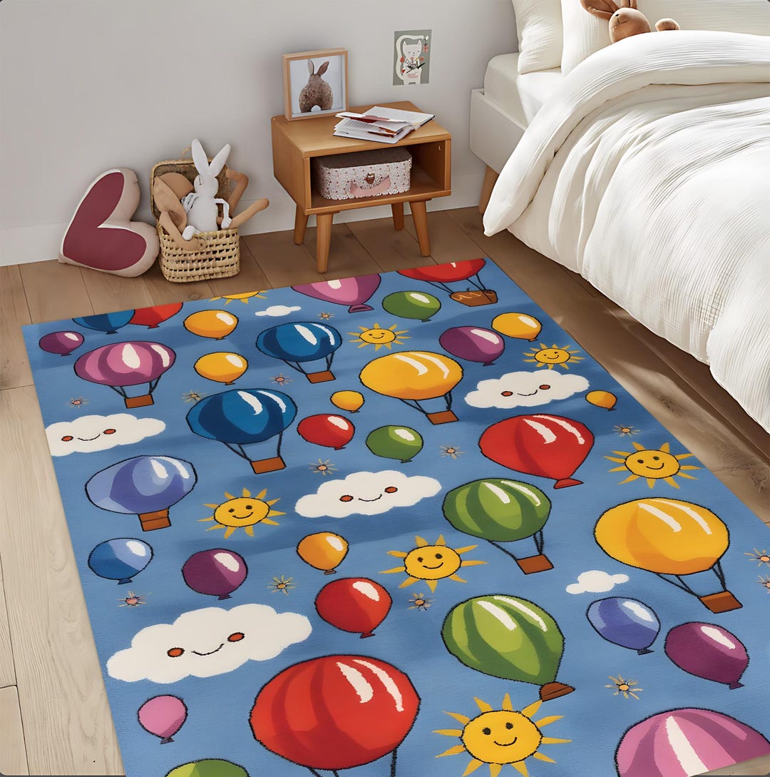 Colorful Hot Air Balloon Rug for Kids, Cute Cloud and Sun Playroom ...