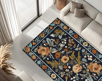 Vintage Floral Area Rug, Black Botanical Carpet, Large Boho Rug For Living Room, Elegant Home Decor, Dark Aesthetic Floor Mat