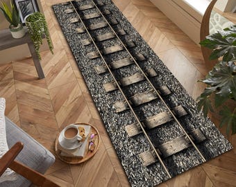 Alfombra de pasillo con ilusión óptica de vías de tren, estilo rústico 3D para entrada, decoración industrial, habitación de niño, ideal para pasillos.