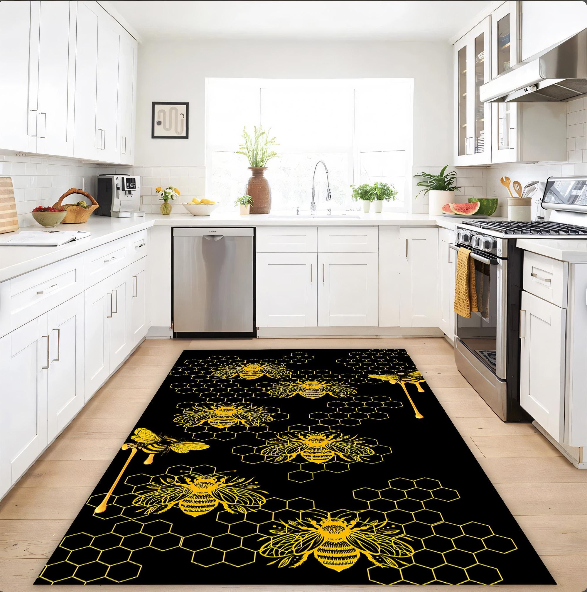 Bee Kitchen Rug Bee Kitchen Rug With Honeycomb Design, Black and Yellow Floor Mat for ...