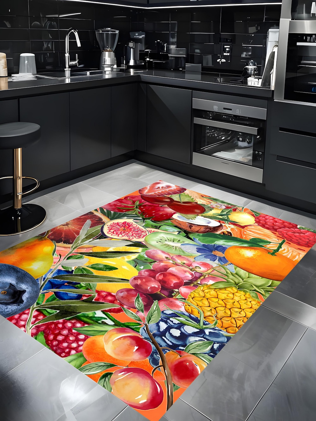 Colorful Fruit Kitchen Rug, Tropical Food-themed Area Rug, Waterproof ...