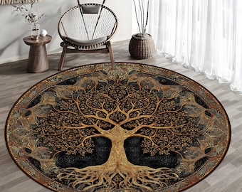 Tree of Life Round Rug, Boho Spiritual Carpet with Sacred Roots and Mandala Design, Nature-Inspired Decor for Meditation or Living Room