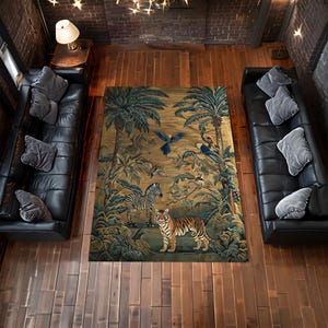 May include: A rug with a jungle scene featuring a tiger, zebra, and various birds. The rug has a gold background with green foliage and palm trees.