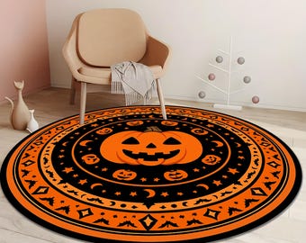 ラウンドハロウィンパンプキンラグ ブラック オレンジ ジャックオーランタン カーペット 不気味な秋の装飾 ラウンドエリアマット 子供部屋 プレイルーム ホリデーフロアアクセント