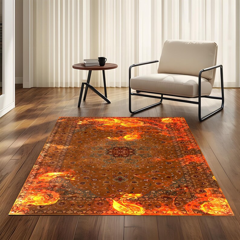 May include: A fiery orange and yellow rug with a traditional Persian design. The rug has a central medallion and intricate floral patterns.