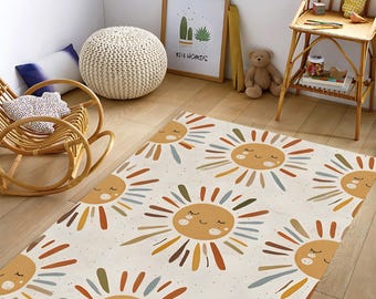 Boho Sun Kids Rug, Cute Nursery Rug, Aesthetic Playroom Decor, Smiling Sun Area Rug, Colorful Kids Room Mat, Cozy Baby Room Carpet Gift