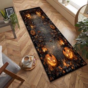 Peut inclure: Un tapis rectangulaire sur le thème d'Halloween avec des citrouilles éclairées, des toiles d'araignées et des feuilles d'automne. Le tapis a un fond sombre avec des accents orange et marron, créant une ambiance effrayante et festive.