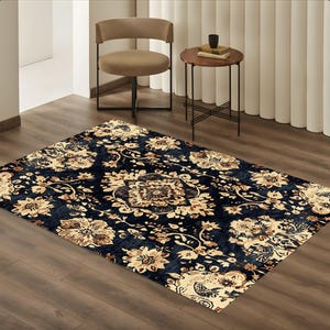 Persian Style Area Rug With Navy Floral Pattern, Vintage Living Room Carpet, Elegant Home Decor Gift For Her Or Him, Classic Floor Mat
