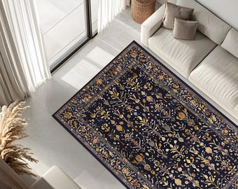 May include: A navy blue rug with a floral pattern in shades of gold, brown, and pink. The rug has a border with a repeating pattern of leaves and flowers.