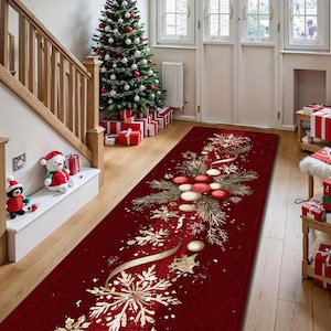 Alfombra navideña con copos de nieve rojos y dorados, alfombra para pasillo, antideslizante, lavable, para decoración navideña.