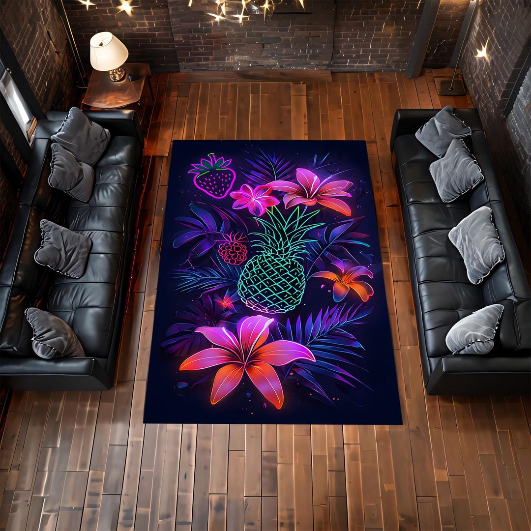 Neon Tropical Area Rug With Pineapple & Flowers, Vibrant Glow-in-the ...