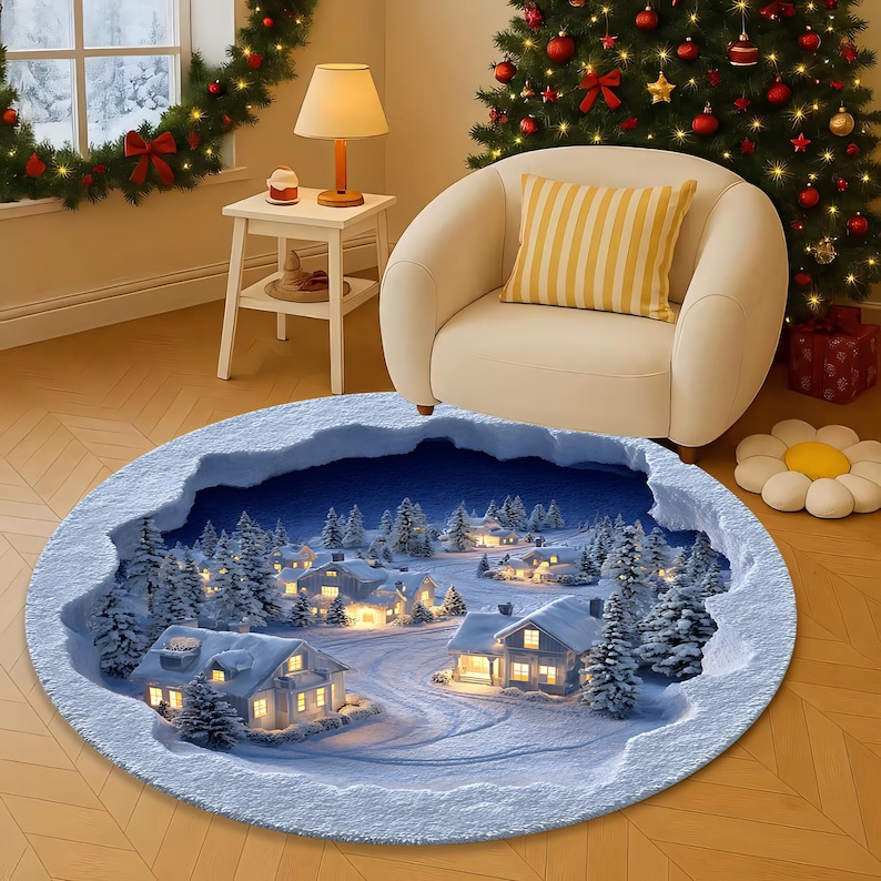 Cold Town Rug 3D Snow Village Round Rug, Winter Scene Carpet for Living Room ...