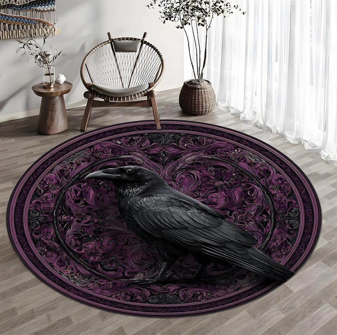 Round Gothic Rug Gothic Raven Round Rug, Purple Black Crow Carpet, Dark Boho Witchy Home ...