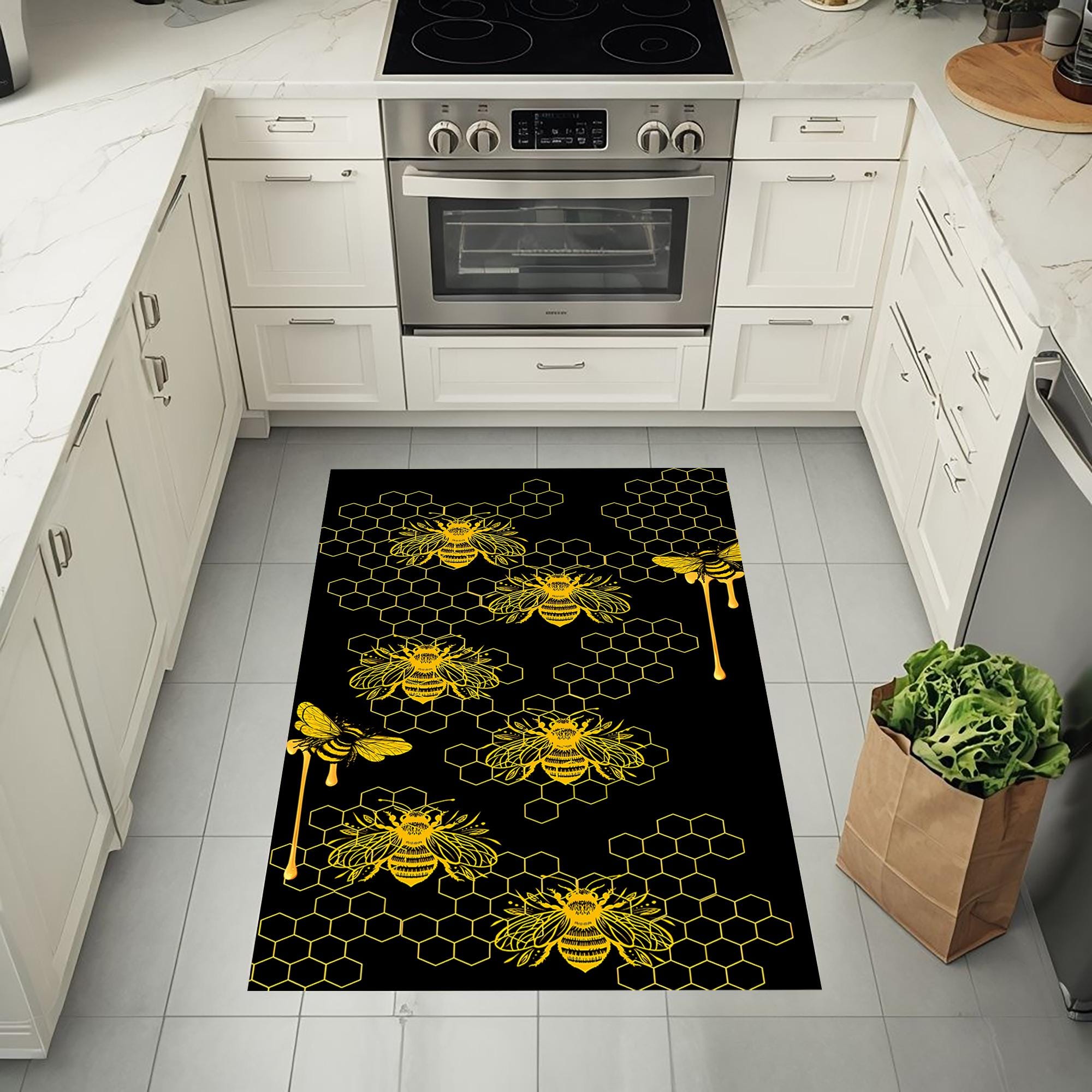 Bee Kitchen Rug Bee Kitchen Rug With Honeycomb Design, Black and Yellow Floor Mat for ...