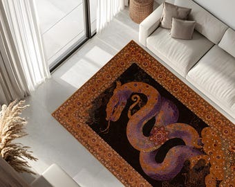 Orientalisk drakematta – Mörk lyxmatta med guldkant, mytisk ormdesign, iögonfallande vardagsrumsinredning, tvättbar halkfri matta