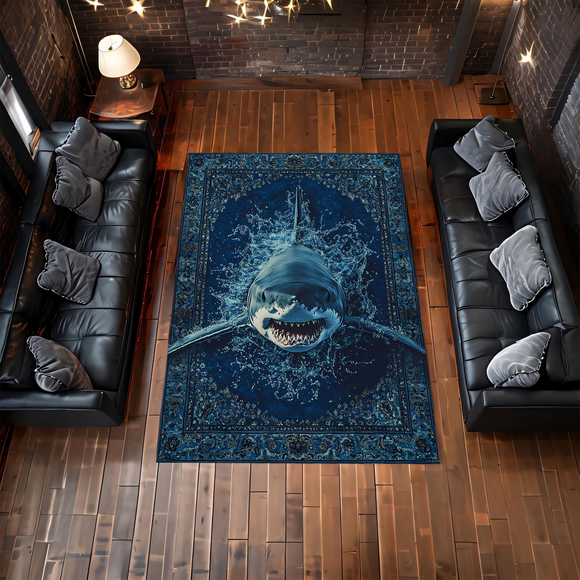 リビングルーム用3Dシャークラグ - 深海のグレートホワイトカーペット