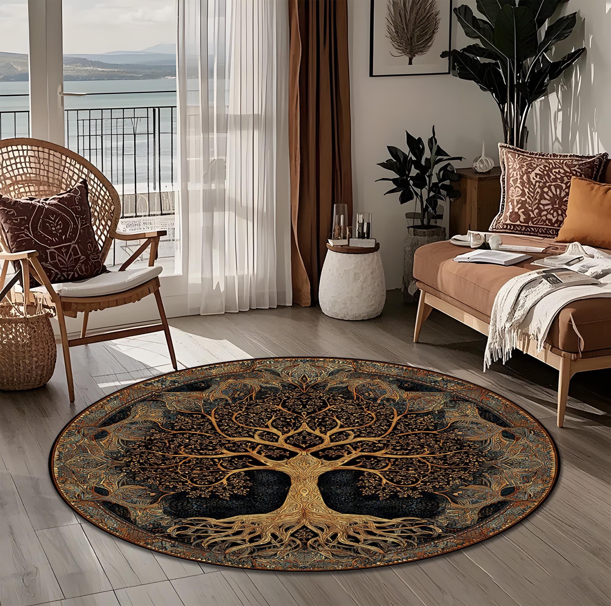 Tree of Life Round Rug, Boho Spiritual Carpet With Sacred Roots and ...