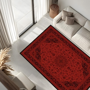 Red Persian Rug, Vintage Floral Area Carpet, Boho Oriental Medallion Rug, Elegant Home Decor, Traditional Turkish Style Living Room Ru